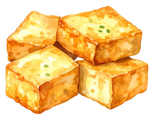 crispy fried tofu cubes watercolor illustration on transparent background
