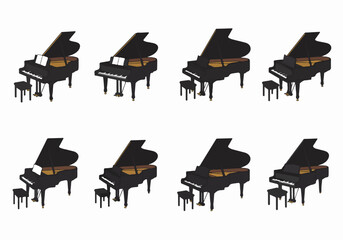 Collection of multiple simple illustrations of black grand pianos with benches, some featuring music sheets, against a white background.