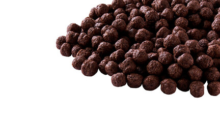 Delicious chocolate corn balls in a white background, close up. Tasty chocolate corn balls in a...