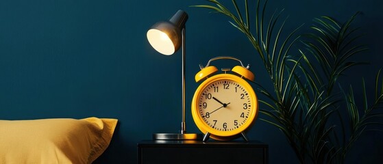 Nightstand with a yellow alarm clock on it. the alarm clock has a round face with black numbers and hands. next to the alarm clock, there is a black floor lamp with a round shade.
