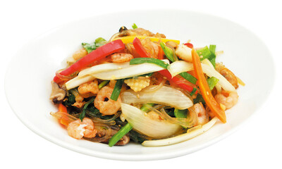 Korean Glass Noodles with Stir-Fried Seafood and Vegetables