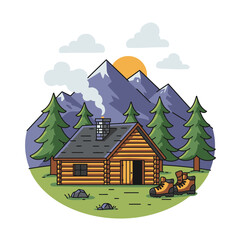 A log cabin nestled among mountains and trees complete with hiking boots outside