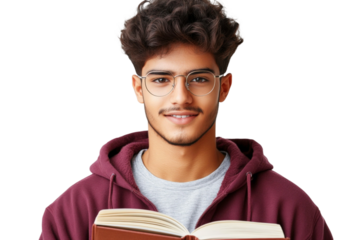 Young male student with glasses reads book in casual hoodie, smiling with confidence, education and knowledge concept, portrait on plain background
