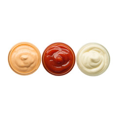 Three popular dipping sauces ketchup mayonnaise and thousand island dressing isolated on transparent background