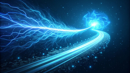 Blue light flare - flash light streak ray - large light flare behind the planet. The picture shows planet Earth viewed from space, with a bright starburst of light, resembling a sunrise or cosmic glow