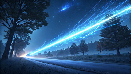 Blue light flare - flash light streak ray - large light flare behind the planet. The picture shows planet Earth viewed from space, with a bright starburst of light, resembling a sunrise or cosmic glow