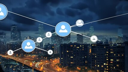 Night cityscape with connected user icons symbolizing networking and urban connectivity - Powered by Adobe