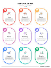 Infographic design template. Timeline concept with 9 options or steps template. layout, diagram, annual, report, presentation. Vector illustration.