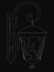 A black and white lantern with a crisp white outline stands boldly against a dark background, creating striking contrast. The minimalist contour drawing emphasizes clean lines and simplicity