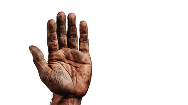 Hard work shows on these rough, dirty hands, representing labor, toil, and the realities of manual work and working class jobs transparent.