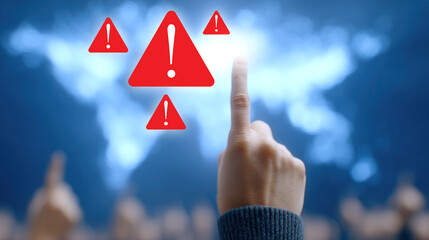 Alert and Danger: An eye-level shot captures a single hand pointing towards a digitally superimposed collection of red alert symbols, conveying a message of caution, emergency and potential danger.