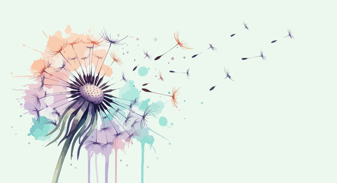 A dreamy dandelion painted with gentle watercolor splatters, symbolizing wishes and freedom in a soft artistic expression.