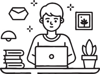 Man Working or Studying at a Desk from Home