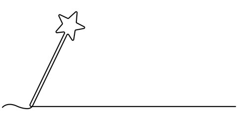 Magic stick continuous one line drawing. Line art Magic Wand, Magic wand linear drawn illustration continuous icon. Magic staff black one line vector icon, continuous line drawing of magic wand with. 