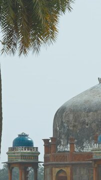 New Delhi, Delhi, India. Black Kite bird flying above Babur's Tomb near The Humayun's tomb. Famous place is Tomb of Mughal emperor, Mirza Nasir al-Din Muhammad commonly known as Humayun situated in