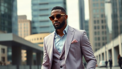Fototapeta premium Confident Black man in tailored pastel suit and sunglasses walking through a modern cityscape