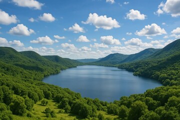 A large body of water surrounded by trees and mountains