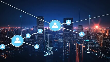 Futuristic city skyline at night with digital connections illustrating social networking and technology - Powered by Adobe