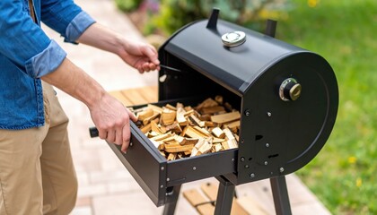 Man Loading Wood Chips Into Outdoor Grill