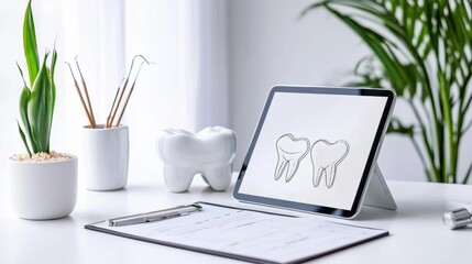 Desk with a tablet on it. the tablet is displaying a line drawing of two teeth. next to the tablet, there is a clipboard with some text on it, a pen, and a small white vase with a plant in it.