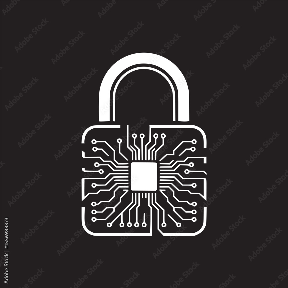 Fototapete illustration of a padlock with circuit board design on a black background with secure text overlay
