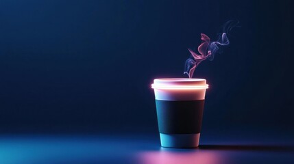 Digital illustration of a coffee cup with a pink and blue color scheme. the cup is placed on a dark blue background with a gradient effect.