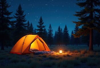 camping gear night sky stars outdoor wilderness setup tent sleeping bag lantern equipment, campfire, backpacking, mountain, tour, expedition, adventure, hike