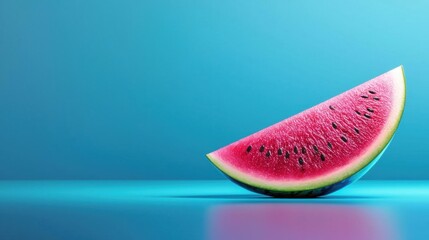 Close-up of a slice of watermelon on a blue background. the watermelon is cut in half, revealing the juicy pink flesh and dark green seeds inside.