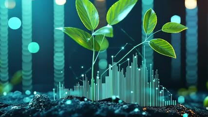 Green plants growing from soil with digital graphs and glowing lights in a futuristic setting - Powered by Adobe