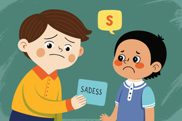 Fototapeta premium Little boy pointing at a “sadness” flashcard in front of an adult