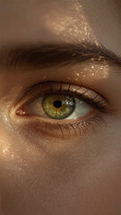 Close-Up of a Human Eye with Green and Amber Iris in Natural Light – Macro Shot of Detailed Eyelashes and Skin Texture