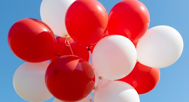 Red and White Balloons Floating in a Clear Blue Sky