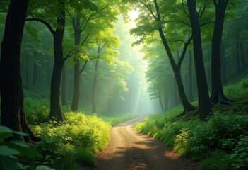 lush green forest pathways sunlight filtering nature tranquil serenity trees foliage hiking trails, wilderness, landscape, scenery, outdoors, plant, leaf
