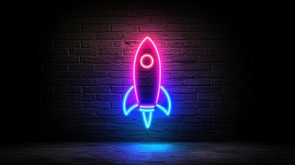 Neon sign of a rocket ship. the rocket is in the center of the image, with a bright pink and blue color scheme. it has a pointed nose and two fins on either side.