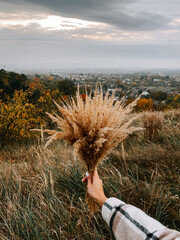 Holding a beautiful bouquet of dried grass in a scenic landscape at sunset