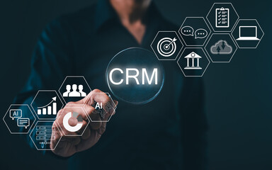 A person interacting with a virtual CRM interface, surrounded by icons representing AI, analytics, communication, and business tools.