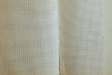Old squared notebook with torn sheets, space for text, school