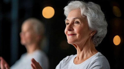 Portrait of an elderly woman with short white hair. she is wearing a white t-shirt and is standing in front of a blurred background with bokeh lights.