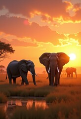 Fototapeta premium majestic elephants grazing golden savannah nature scene wildlife harmony serenity, grassland, ecosystem, animal, herd, landscape, africa, view, afternoon