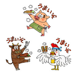 食肉のキャラクター(豚、牛、ニワトリ)
