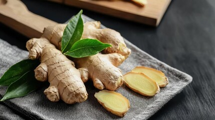 Bunch of fresh ginger root on a grey cloth napkin. the ginger root is light brown in color and has a rough texture. there are two green leaves on top of the ginger root, one on each side.