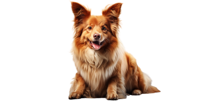 A heartwarming portrait of a beautiful reddish-brown dog sitting patiently in studio with a soft gray gradient background transparent.