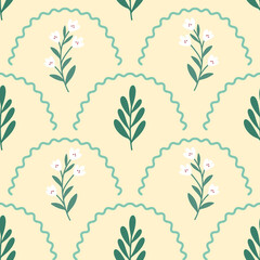 Elegant floral seamless pattern. Delicate arrangement of green leaves and subtle flowers on a beige background, perfect for wallpaper, fabric print, and home decor. Fan shaped botanical arches