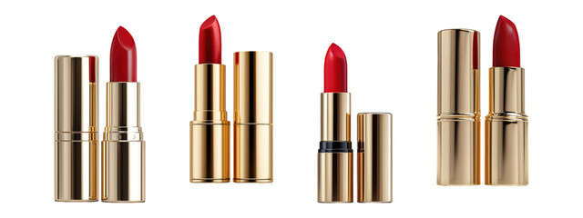 Various Red Lipsticks in Golden Tubes Isolated on Transparent Background