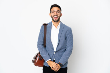 Young caucasian business man isolated on white background with surprise facial expression