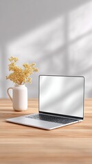 Silver Laptop with Blank Screen on Oak Table Minimal Workspace