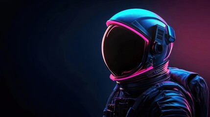 Close-up of a person's head and upper body, wearing a full-face helmet with a futuristic design. the helmet is predominantly blue and pink in color, with a large visor that covers the entire face.