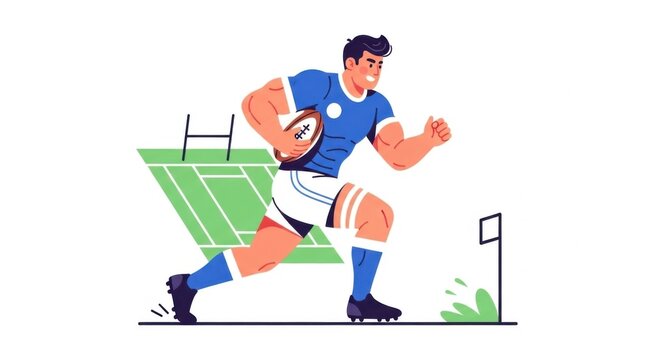 Rugby Player with Ball Running on Field