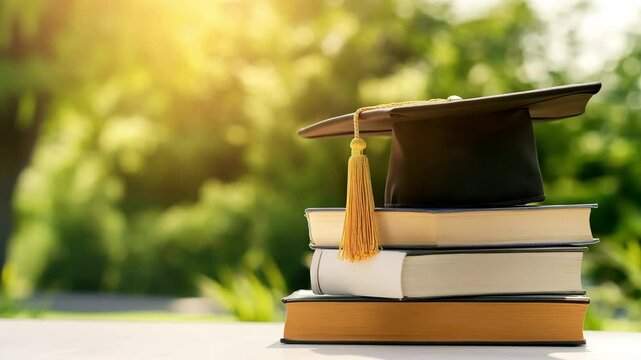 Black graduation hat and books on green nature background. Education, school, graduation and knowledge concept