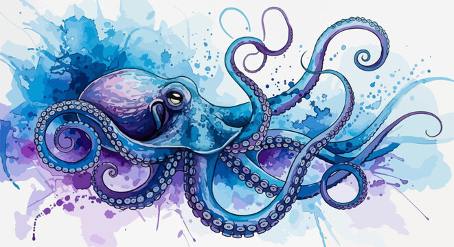 Abstract Octopus with Watercolor Splashes